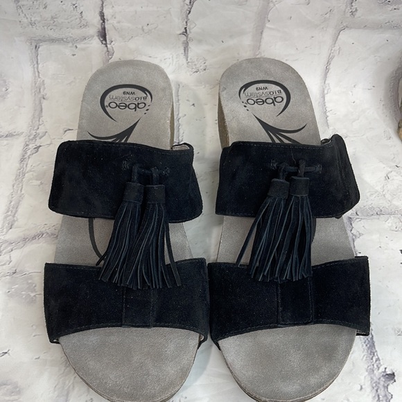 Abeo Uplift Sandals 9N Suede Upper Cork Heel Tassles Hook & Loop BioSystem Ortho - Picture 5 of 11